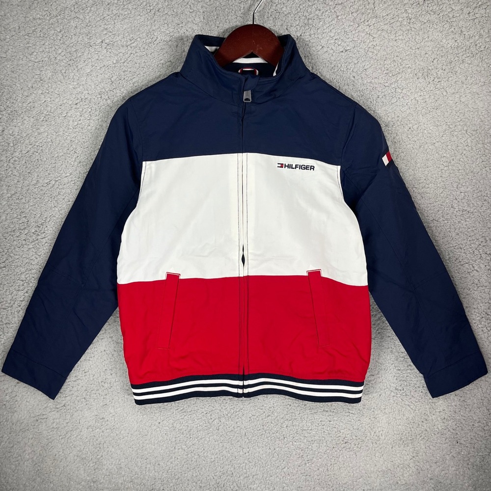 Tommy Hilfiger Boys L 12-14 Colorblock Windbreaker Jacket Navy Blue Red White
